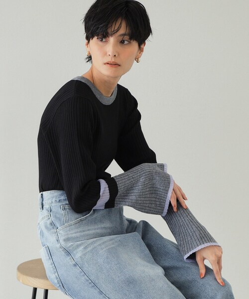 OPAQUE.CLIP（オペークドットクリップ）の「◆《Oggi掲載》配色フレアースリーブニット【洗濯機洗い可】（ニット/セーター・レディース・チャコール/ブラック系4/ネイビー系4・36/38/40）」の8枚目の写真