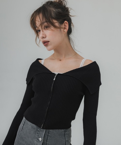 coca(coca)(コカ)の「【WEB限定セール】ジップアップ オフショルダーリブニットトップス(ニット/セーター・レディース・ブラック/アイボリー・S/M/L)」の6枚目の写真