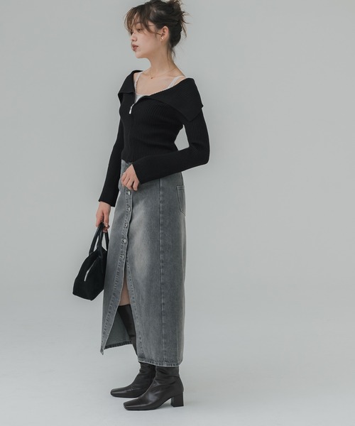 セール】【WEB限定セール】ジップアップ オフショルダーリブニット