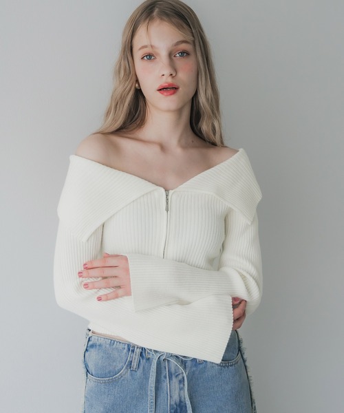 coca(coca)(コカ)の「【WEB限定セール】ジップアップ オフショルダーリブニットトップス(ニット/セーター・レディース・ブラック/アイボリー・S/M/L)」の11枚目の写真