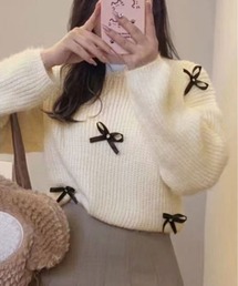 モヘアライク 畦編み リボン ニット トップス