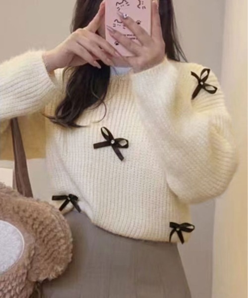 kirakiraShop(キラキラショップ)の「モヘアライク 畦編み リボン ニット トップス(ニット/セーター・レディース・ベージュ/イエロー/ホワイト/ピンク/ブルー・FREE)」の1枚目の写真