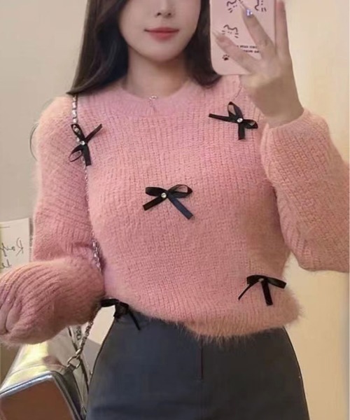 kirakiraShop(キラキラショップ)の「モヘアライク 畦編み リボン ニット トップス(ニット/セーター・レディース・ベージュ/イエロー/ホワイト/ピンク/ブルー・FREE)」の5枚目の写真