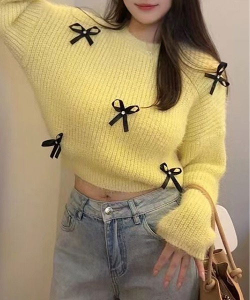 kirakiraShop(キラキラショップ)の「モヘアライク 畦編み リボン ニット トップス(ニット/セーター・レディース・ベージュ/イエロー/ホワイト/ピンク/ブルー・FREE)」の4枚目の写真