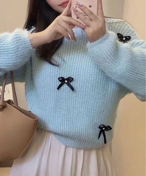 kirakiraShop(キラキラショップ)の「モヘアライク 畦編み リボン ニット トップス(ニット/セーター・レディース・ベージュ/イエロー/ホワイト/ピンク/ブルー・FREE)」の3枚目の写真