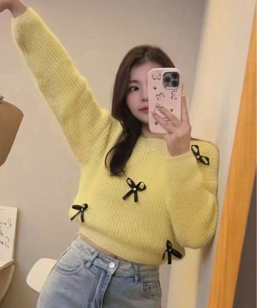 kirakiraShop(キラキラショップ)の「モヘアライク 畦編み リボン ニット トップス(ニット/セーター・レディース・ベージュ/イエロー/ホワイト/ピンク/ブルー・FREE)」の6枚目の写真