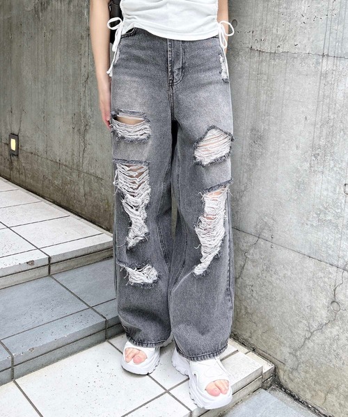 INGNI（イング）の「クラッシュデニムワイドパンツ（デニムパンツ・レディース・グレー/ブルー系その他・S/M）」の2枚目の写真