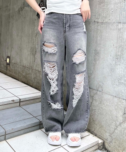セール】クラッシュデニムワイドパンツ（デニムパンツ）｜INGNI