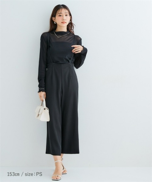 Petitjo（プッチージョ）の「小さいサイズ　ハイウエストワイドサロペット　低身長さん・小柄女性（つなぎ/オールインワン・レディース・ライトカーキ/ブラウン/ブラック・PS/PM/PL/PSS）」の13枚目の写真