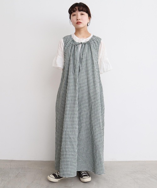 l'atelier du savon（アトリエドサボン）の「●麻のしぼるリボン ノースリワンピース（ワンピース・レディース・オフホワイト/グリーン/ブラック・FREE）」の3枚目の写真