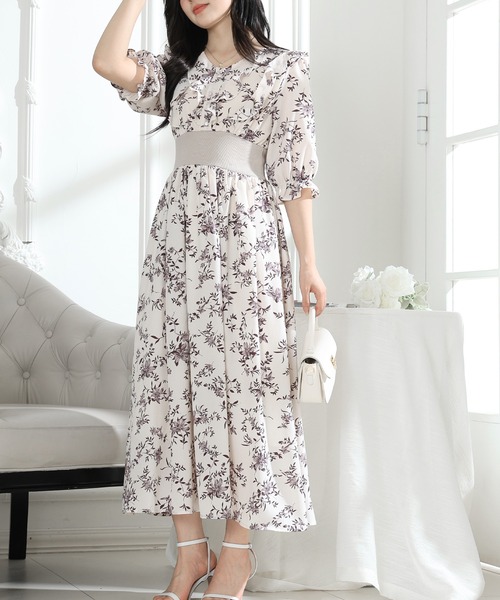 Lace Ladies(レースレディース)の「フラワー プリント Vネック フリル ワンピース(ワンピース・レディース・ラベンダー/ブラック/アイボリー・FREE/S)」の5枚目の写真
