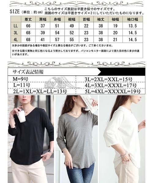 ラウンドヘムVネックコットンカットソー【大きいサイズ対応】（T