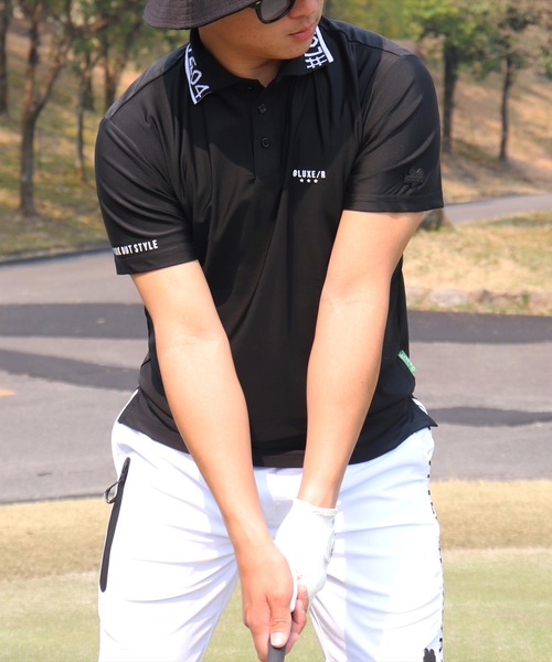 LUXE/R GOLF(ラグジュ ゴルフ)の「(RM)【LUXE/R GOLF】COOL & DRY ストレッチ スムース ロゴ ジャガード ポロシャツ(ポロシャツ・メンズ・チャコールグレー/ブラック/オフホワイト/ネイビー・LARGE/MEDIUM/XXX-LARGE/XX-LARGE/X-LARGE)」の3枚目の写真