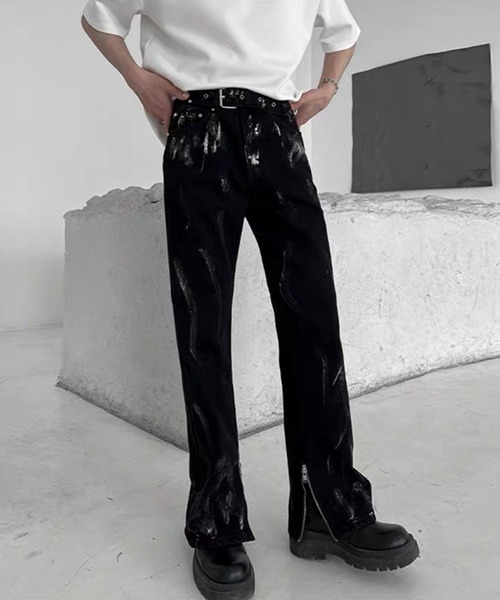 URKOOL::ダメージスタックデニムパンツ:30[RESALE] セール】△ダメージ加工デニムパンツ 裾ジップ（デニムパンツ