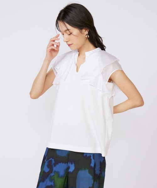 INED（イネド）の「ラッフルカラードッキングプルオーバー（Tシャツ/カットソー・レディース・ホワイト/ブラック/モカ・9号/11号）」の12枚目の写真