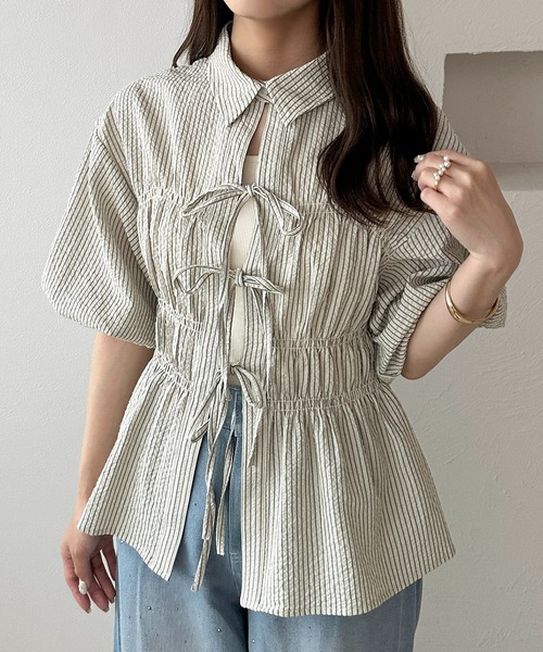 セール】【apres jour clair】シアサッカーシャーリングリボントップス