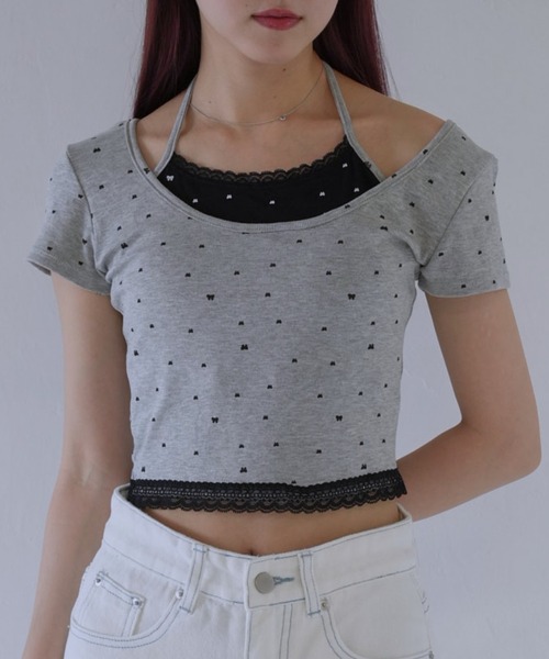 Uenui(ウニュイ)の「【 cunii 】 リボンキャミ付きトップス(Tシャツ/カットソー・レディース・ホワイト/レッド/ブラック/グレー・FREE)」の3枚目の写真