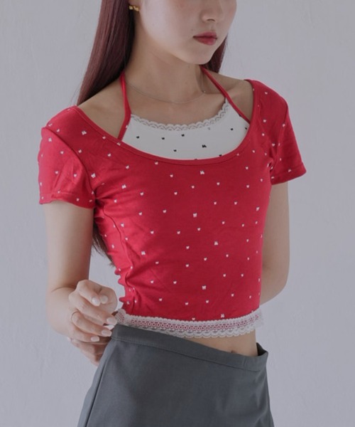 Uenui(ウニュイ)の「【 cunii 】 リボンキャミ付きトップス(Tシャツ/カットソー・レディース・ホワイト/レッド/ブラック/グレー・FREE)」の4枚目の写真