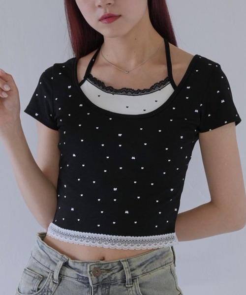 Uenui(ウニュイ)の「【 cunii 】 リボンキャミ付きトップス(Tシャツ/カットソー・レディース・ホワイト/レッド/ブラック/グレー・FREE)」の2枚目の写真