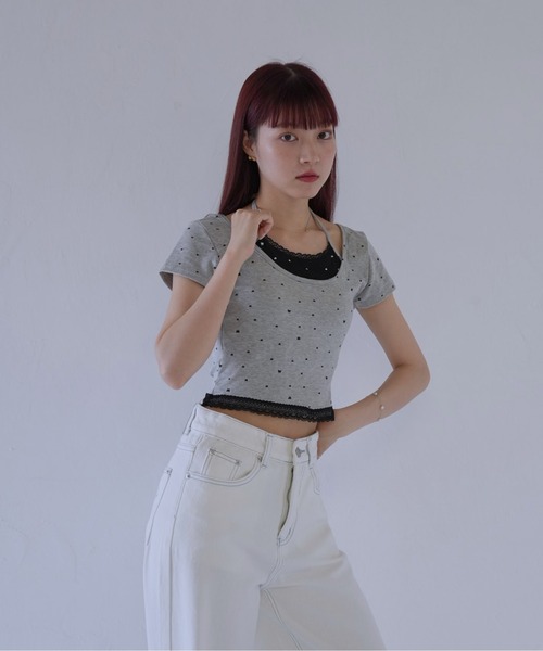 Uenui(ウニュイ)の「【 cunii 】 リボンキャミ付きトップス(Tシャツ/カットソー・レディース・ホワイト/レッド/ブラック/グレー・FREE)」の5枚目の写真