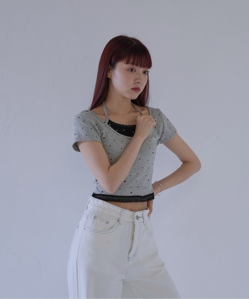 Uenui(ウニュイ)の「【 cunii 】 リボンキャミ付きトップス(Tシャツ/カットソー・レディース・ホワイト/レッド/ブラック/グレー・FREE)」の7枚目の写真