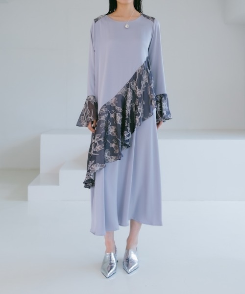 Sheer Jacquard Flare Docking Dress（ワンピース）｜sahara
