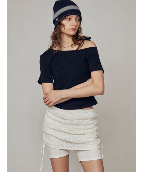 EMODA（エモダ）の「アシンメトリーギャザーレイヤートップ（Tシャツ/カットソー・レディース・レッド/ホワイト/グレー/ブラック・FREE）」の22枚目の写真