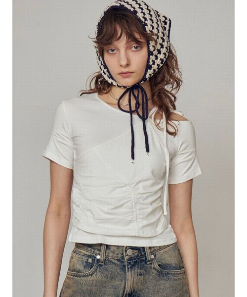 EMODA（エモダ）の「アシンメトリーギャザーレイヤートップ（Tシャツ/カットソー・レディース・レッド/ホワイト/グレー/ブラック・FREE）」の20枚目の写真