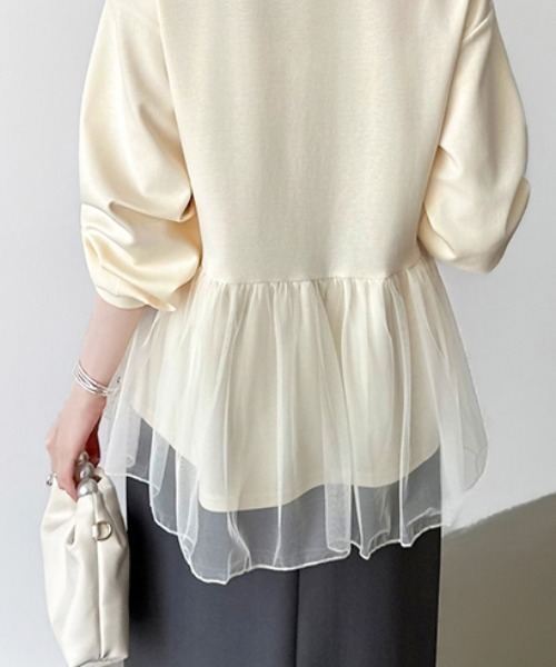 セール】チュールドッキング ペプラムトップス ダンボール スウェット