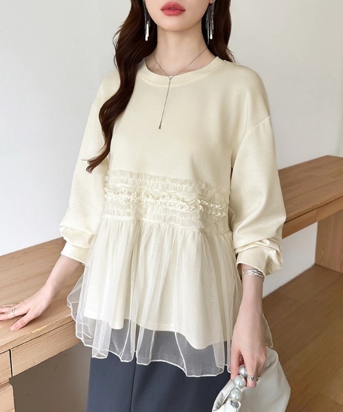 セール】チュールドッキング ペプラムトップス ダンボール スウェット
