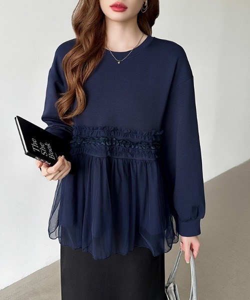 セール】チュールドッキング ペプラムトップス ダンボール スウェット