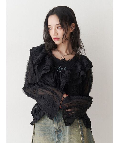 jouetie（ジュエティ）の「ラッフルフリルレースブラウス（シャツ/ブラウス・レディース・アイボリー/ブラック・MEDIUM）」の5枚目の写真