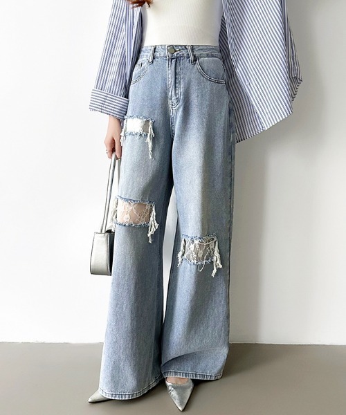 【新品・タグ付き】完売品　RE. デニムパンツ　サイズ2 ライトブルー デニムパンツ レディース ワイドパンツ ジーンズ 大きいサイズ