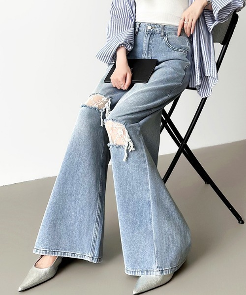 セール】【カラー展開×サイズ展開あり】 ダメージレースデニム レース