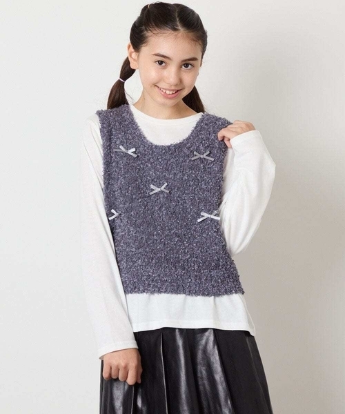 a.v.v（アーヴェヴェ）の「[120-160]リボンヤーンニットベストセット（ニット/セーター・キッズ・チャコールグレー/アイボリー・160/120/130/140/150）」の2枚目の写真