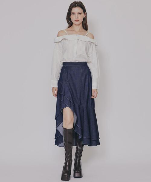 REDYAZEL（レディアゼル）の「オフショルストライプブラウス（シャツ/ブラウス・レディース・ブルー系その他4/ブラウン系その他4/ホワイト系その他5・FREE）」の6枚目の写真