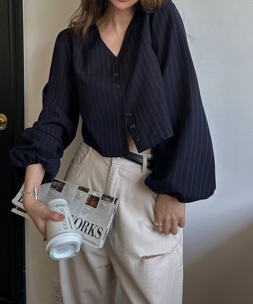 ribbon shoulder stripe short BL（シャツ/ブラウス