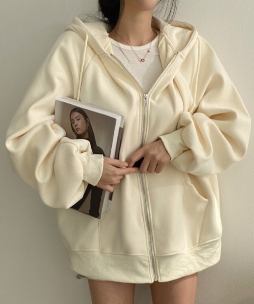 yuue' ( wear )(ユーイ)の「裏起毛オーバーサイズジップフーディー/パーカー(パーカー・レディース・アイボリー/ブラック/グレー/グレイッシュベージュ/チャコールグレー・FREE)」の9枚目の写真
