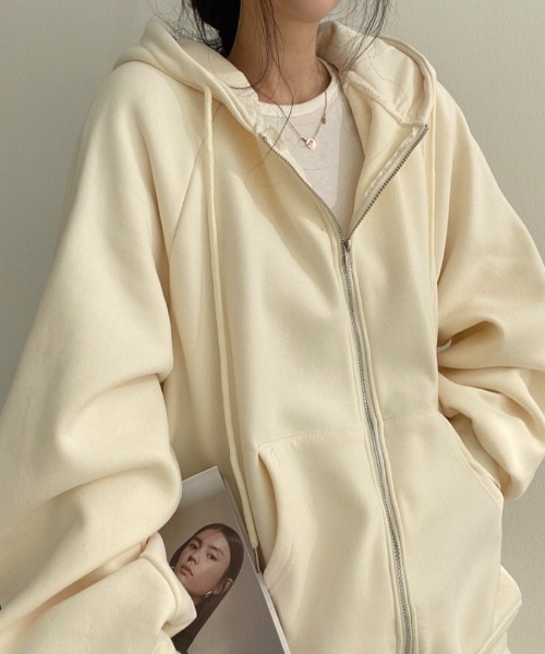 yuue' ( wear )(ユーイ)の「裏起毛オーバーサイズジップフーディー/パーカー(パーカー・レディース・アイボリー/ブラック/グレー/グレイッシュベージュ/チャコールグレー・FREE)」の15枚目の写真