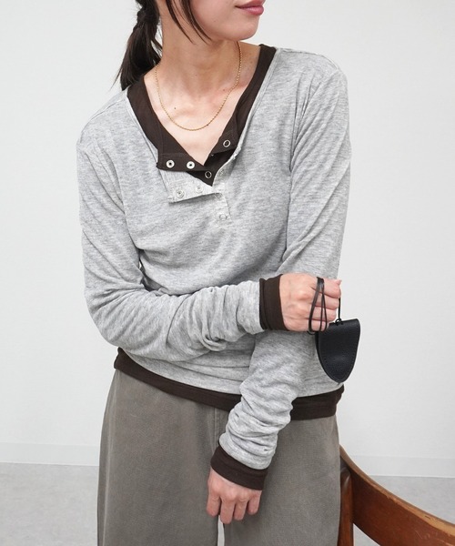 gossara(ゴサラ)の「【スタッフおすすめ】シアーリブヘンリーネックTOPS(Tシャツ/カットソー・レディース・ホワイト/杢グレー/ブラウン/ネイビー・FREE)」の15枚目の写真