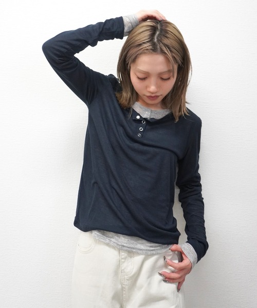 gossara(ゴサラ)の「【スタッフおすすめ】シアーリブヘンリーネックTOPS(Tシャツ/カットソー・レディース・ホワイト/杢グレー/ブラウン/ネイビー・FREE)」の18枚目の写真
