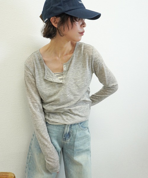 gossara(ゴサラ)の「【スタッフおすすめ】シアーリブヘンリーネックTOPS(Tシャツ/カットソー・レディース・ホワイト/杢グレー/ブラウン/ネイビー・FREE)」の13枚目の写真