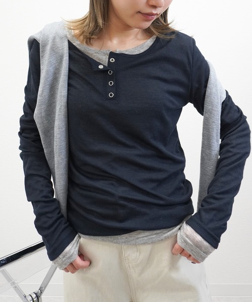 gossara(ゴサラ)の「【スタッフおすすめ】シアーリブヘンリーネックTOPS(Tシャツ/カットソー・レディース・ホワイト/杢グレー/ブラウン/ネイビー・FREE)」の17枚目の写真