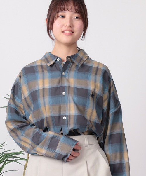 BEVERLY HILLS POLO CLUB（ビバリーヒルズポロクラブ）の「【71】【BEVERLY HILLS POLO CLUB/ビバリーヒルズポロクラブ】ワンポイント刺繍 ルーズシルエット チェックシャツ（シャツ/ブラウス・レディース・グリーン/オレンジ/ベージュ/グレー/ブルー/ブラック・M）」の15枚目の写真