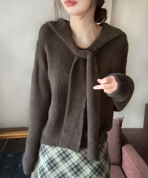 LAUIR(ラウアー)の「リボンシャギーニットプルオーバー(ニット/セーター・レディース・アイボリー/ダークブラウン/チャコール・LARGE/MEDIUM)」の3枚目の写真