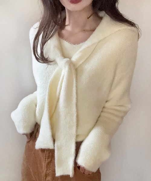 LAUIR(ラウアー)の「リボンシャギーニットプルオーバー(ニット/セーター・レディース・アイボリー/ダークブラウン/チャコール・LARGE/MEDIUM)」の1枚目の写真