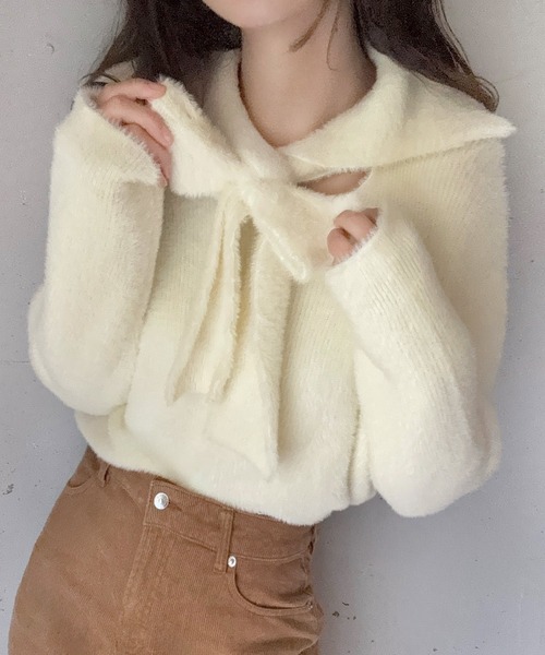 LAUIR(ラウアー)の「リボンシャギーニットプルオーバー(ニット/セーター・レディース・アイボリー/ダークブラウン/チャコール・LARGE/MEDIUM)」の9枚目の写真