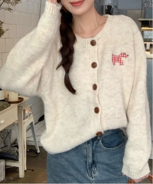 WEGO（ウィゴー）の「WEGO/ドッグワッペンニットカーディガン（カーディガン/ボレロ・レディース・ホワイト/ピンク/グレー・FREE）」の2枚目の写真