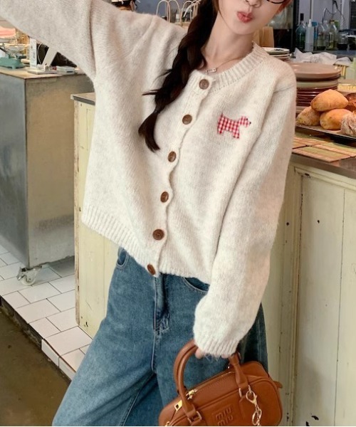 WEGO（ウィゴー）の「WEGO/ドッグワッペンニットカーディガン（カーディガン/ボレロ・レディース・ホワイト/ピンク/グレー・FREE）」の7枚目の写真