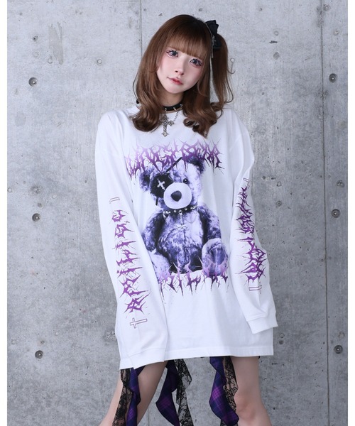 Amilige（アミリージュ）の「Toxic TeddyプリントロングTシャツ（Tシャツ/カットソー・レディース・ホワイト/ブラック×グレー/ブラック×パープル・FREE）」の14枚目の写真